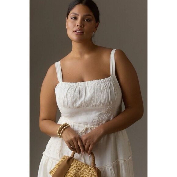 New Anthropologie Square-Neck Linen Midi Dress Size Large - Picture 6 of 14